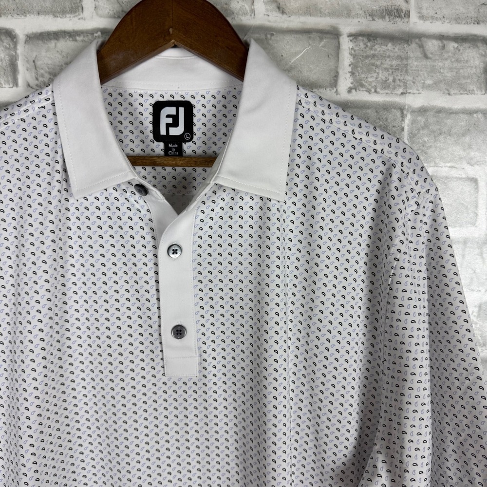 FootJoy Mens ProDry Golf Polo Shirt White Micro Paisley AOP Print Stretch Large